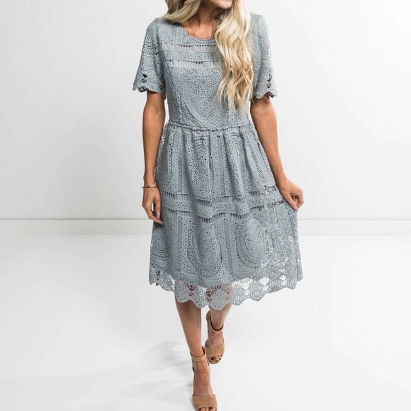 Dusty Blue Lace Detail Boutique Summer Dress - Picture 2 of 4